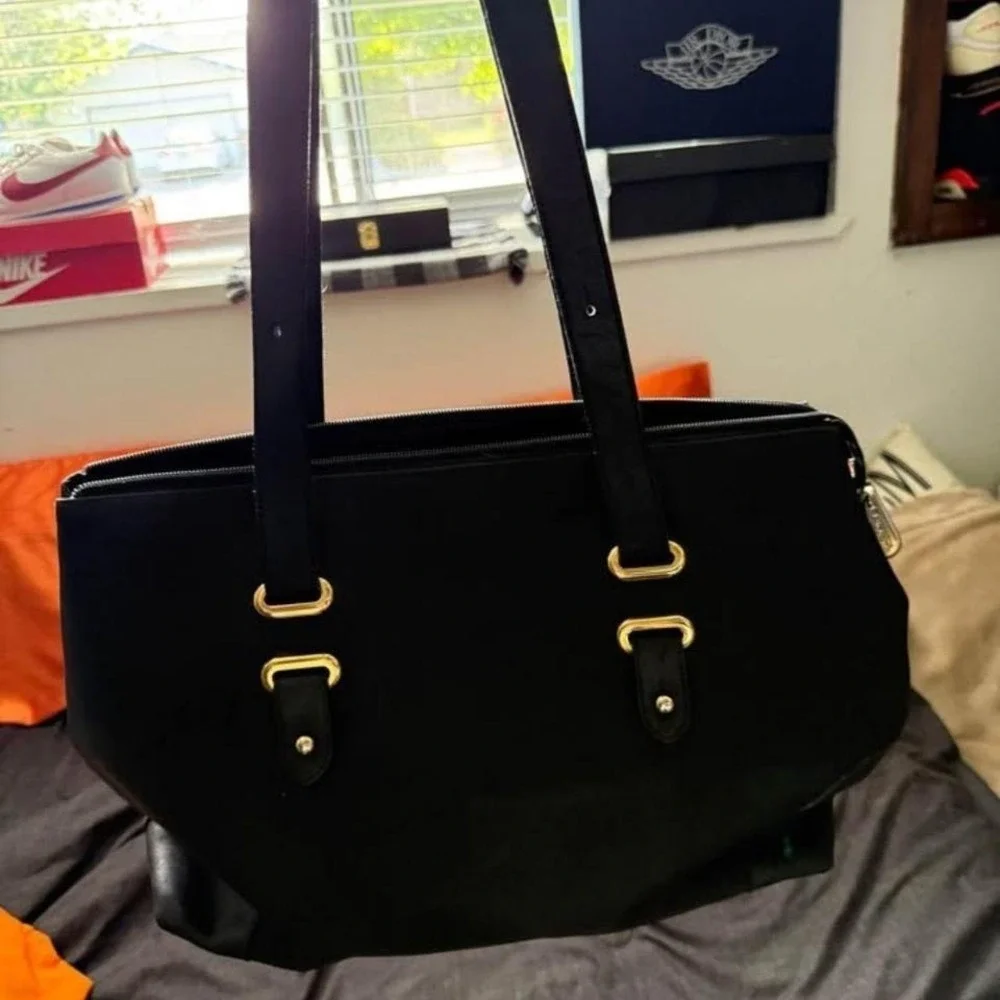 Lancel Paris Matte Black and Gold Shoulder Bag - Made in Italy